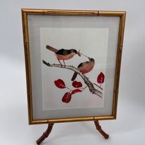 Vintage Straw Art Birds Gold Bamboo Frame Handmade Natural Fiber Artwork 11x10
